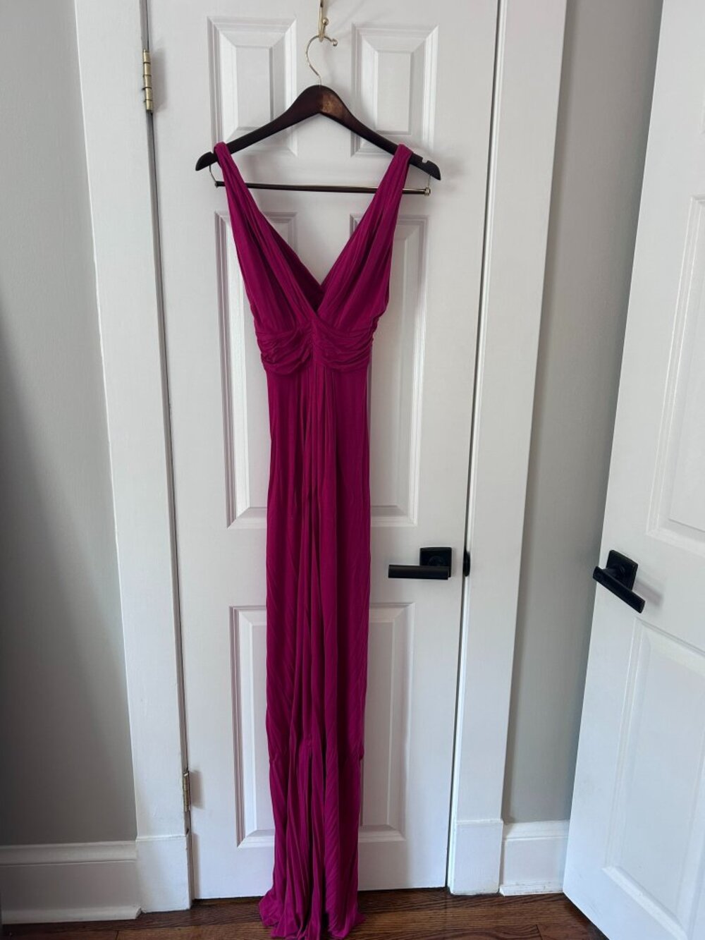 Tart Magenta Surplice V-Neck Maxi Dress Ruched Empire Waist Jersey Size S